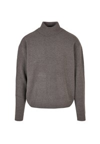 Maglione grigio a collo alto lavorato a maglia con maniche lunghe e polsini e orlo a costine, esposto su uno sfondo bianco.