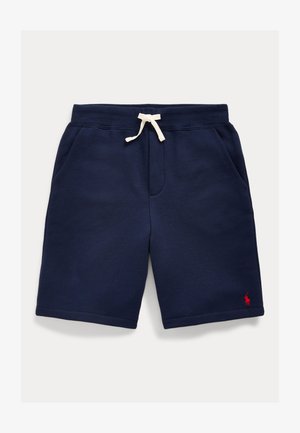 Calções de treino azul-marinho feitos de um tecido suave, com um cós elástico, cordão em creme e bolsos laterais, apresentando um pequeno logo vermelho.