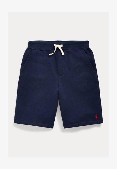 Marineblauwe sweatshorts gemaakt van zachte stof, met een elastische tailleband voorzien van een crèmekleurig trekkoord en zijzakken, met een klein rood logo.
