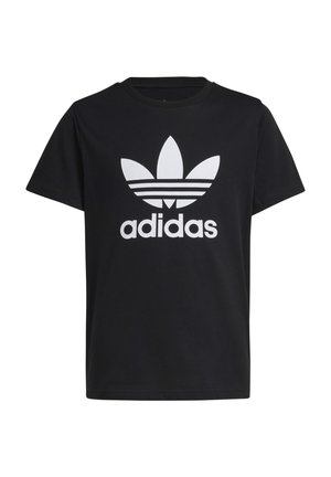 Sort Adidas T-shirt med hvid trebladet logo og tekst "adidas" centreret på brystet, korte ærmer og rund halsudskæring.