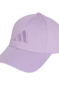 Light purple baseball cap made of fabric, featuring a curved brim, six-panel design, and an embroidered logo in a matching shade.