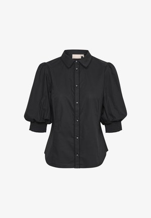 Crna bluza kratkih rukava s gumbima, s nabranim rukavima, naboranim rukavima te valovitim rubom oko ovratnika i gumba.