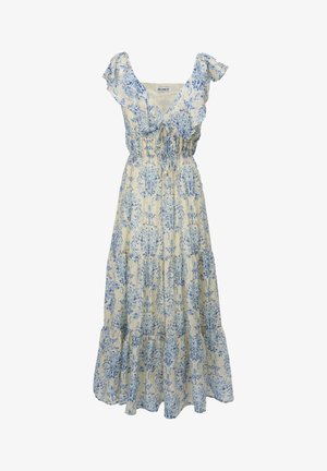 Maxi-jurk met bloemenprint en ruches aan de mouwen, lichtblauw en crème patroon. Heeft een aansluitend lijfje en een geplooide rok met meerdere lagen.