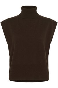 Dark brown sleeveless turtleneck sweater made of soft knit fabric, featuring a high collar and a relaxed fit with side slits.