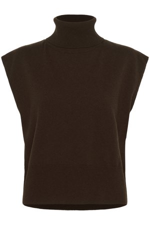 Dunkelbrauner ärmelloser Rollkragenpullover aus weichem Strickstoff, mit hohem Kragen und einer lockeren Passform mit seitlichen Schlitzen.
