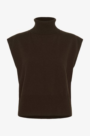 Sweater sem mangas de gola alta, em tom castanho escuro, feito de um tecido de malha suave, com um corte solto e fendas laterais.