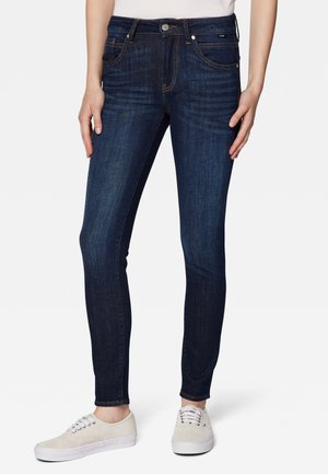 Dunkelblaue Skinny Jeans aus Denim, mit einem klassischen Fünf-Taschen-Design, subtilem Nähen und einem mittelhohen Bund.