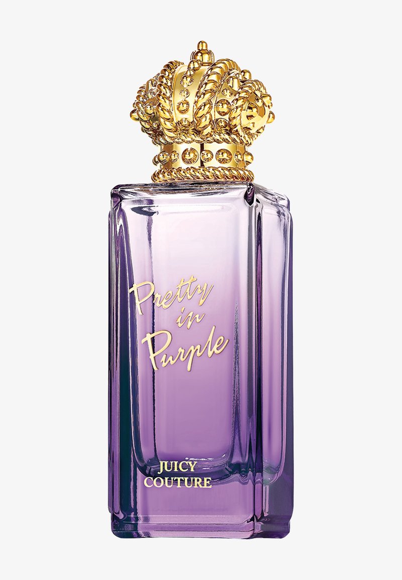 Lila Glasparfümflasche mit einem goldenen, krönchenförmigen Deckel, der mit Edelsteinen verziert ist; zeigt in goldener Schrift "Pretty in Purple" und "Juicy Couture".