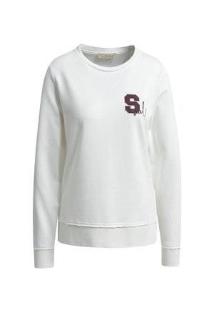 White cotton sweatshirt with long sleeves, crew neck, ribbed cuffs, and a front logo featuring a maroon letter "S" and the word "Soul."