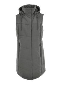 Grau ärmellose Puffer-Weste mit Kapuze, Steppmuster, verstellbaren Kordeln und zwei seitlichen Reißverschlusstaschen. Weiches Stoffgefühl.