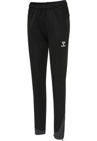 Schwarze Sporthosen aus atmungsaktivem Material mit elastischem Bund, seitlichen Taschen und grauen Reißverschluss-Akzenten an den Knöcheln. Hummel-Logo angebracht.