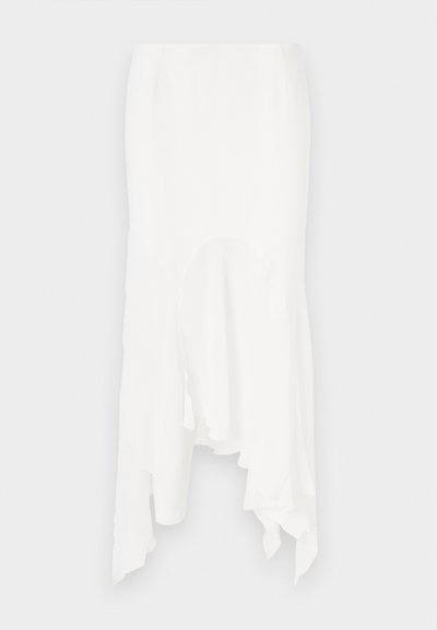 Weißer asymmetrischer Rock aus leichtem Stoff, mit rüschigen Kanten und ausgeschnittenen Details, die eine fließende Silhouette erzeugen.