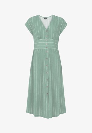 Sleeveless green midi dress with vertical white stripes, button-down front, V-neckline, and fitted waistband.