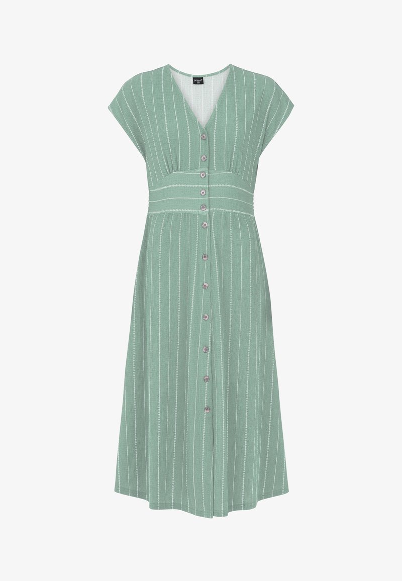 Robe midi verte sans manches avec rayures blanches verticales, fermeture à boutons sur le devant, encolure en V et taille ajustée.