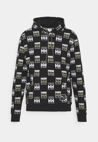 Felpa nera con un motivo di loghi bianchi e verdi "PUMA" e "HH", cappuccio con lacci, polsini e orlo a costine. Tessuto morbido.