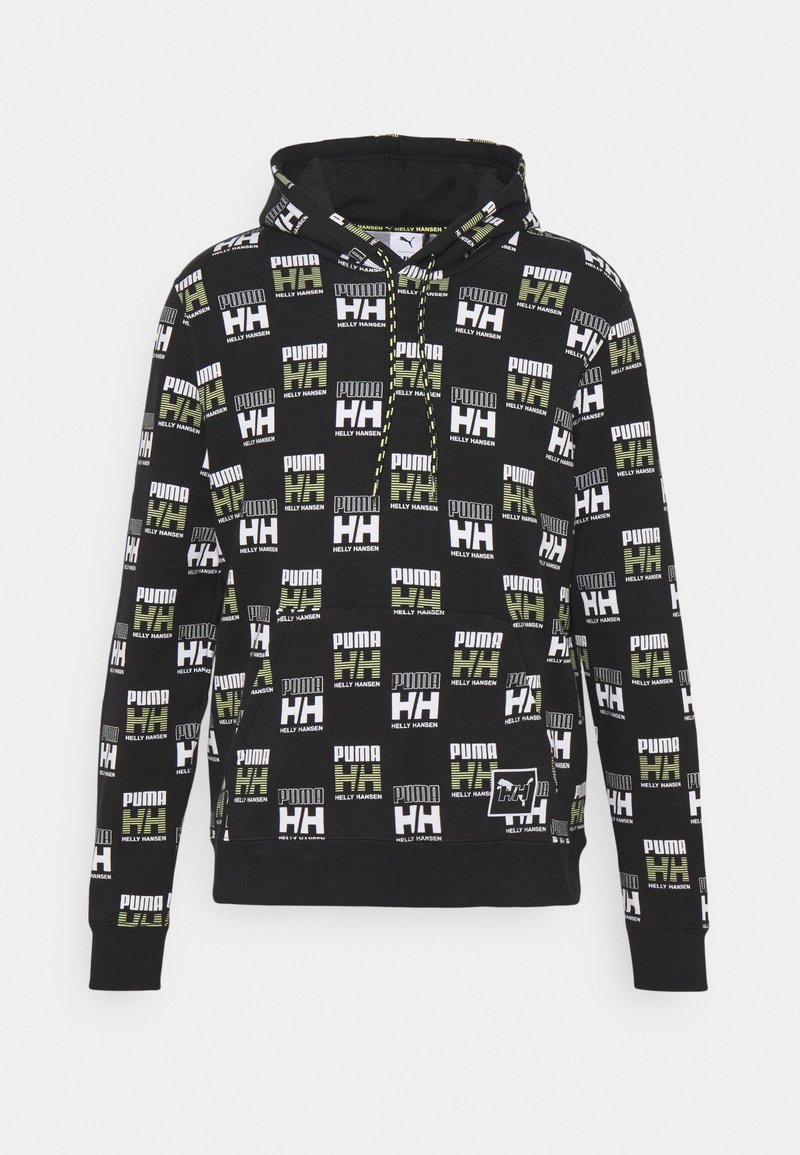 Felpa nera con un motivo di loghi bianchi e verdi "PUMA" e "HH", cappuccio con lacci, polsini e orlo a costine. Tessuto morbido.