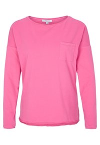 Rosa Langarmshirt aus weichem Material, mit Rundhalsausschnitt, einer einzelnen Tasche auf der linken Brust und einer lockeren Passform.