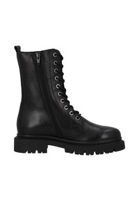 Bottes noires en cuir à la cheville avec un laçage sur le devant, une fermeture éclair sur le côté et une semelle en caoutchouc épaisse. Comprend des œillets en métal et une texture lisse.