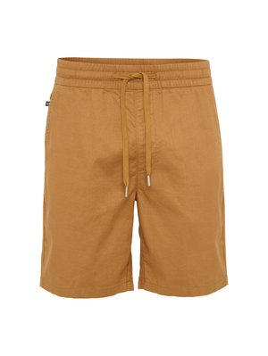 Shorts made of a light brown fabric, featuring an elastic waistband with a drawstring, side pockets, and a relaxed fit design.