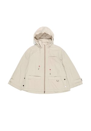 Light beige hooded jacket with front zipper, adjustable drawstrings, two lower pockets, and buttoned cuffs displayed flat on white background.