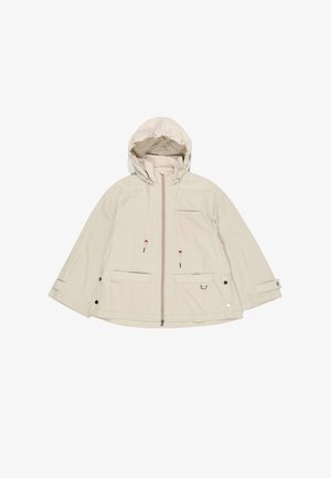 Svetlobéžová kapucňová bunda s predným zipsom, nastaviteľnými šnúrkami, dvoma dolnými vreckami a manžetami na gombíky, zobrazená na bielom pozadí.