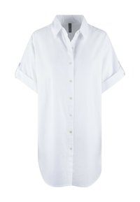 Camicia bianca a maniche corte con bottoni, realizzata in tessuto leggero, caratterizzata da un colletto, una sottile trama e un orlo arrotondato.