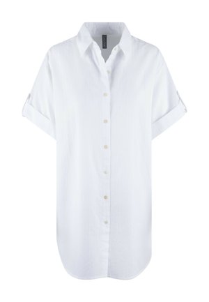 Witte korte mouwen blouse gemaakt van lichte stof, met een kraag, subtiele textuur en een ronde zoom.