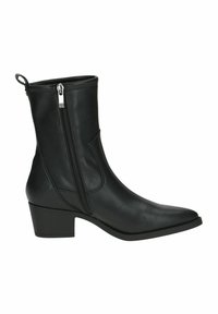 Botas de cuero negro hasta el tobillo con punta afilada, cremallera lateral y tacón cuadrado. Textura lisa sin patrones ni acentos visibles.