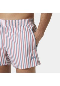 Hombre que lleva puesto un bañador a rayas en rosa y gris, con una mano en el bolsillo, mostrando la banda elástica en la cintura y un pequeño logo en la pierna izquierda.