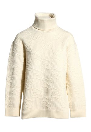 Pull à col roulé tricoté couleur crème avec motifs géométriques et floraux en relief, manches longues, poignets et ourlet côtelés.