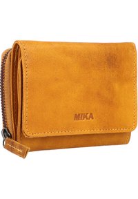 Yellow leather wallet with a textured finish, zip closure, and embossed "MIKA" logo. Features a compact design and contrast stitching.