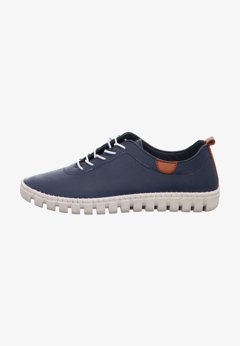 Navy blue leather shoe with white laces, a brown accent on the heel, and a textured white rubber sole with a segmented design.