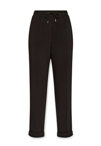 Zwarte broek met een gladde textuur, elastische tailleband, trekkkoordsluiting en omgeslagen zoom. Kenmerkt zich door plooidetails aan de voorkant.