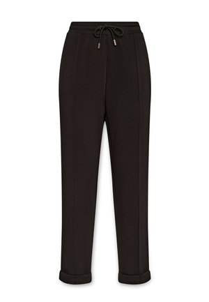 Pantaloni neri con una texture liscia, vita elastica, chiusura con coulisse e orli risvolti. Presenta dettagli con pieghe frontali.