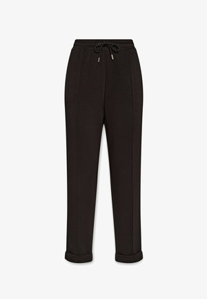 Zwarte broek met een gladde textuur, elastische tailleband, trekkkoordsluiting en omgeslagen zoom. Kenmerkt zich door plooidetails aan de voorkant.