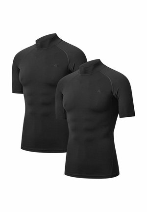 Schwarze, kurzärmelige Sportshirts mit hohem, rundem Kragen. Aus glattem, dehnbarem Stoff mit tailliertem Design und dezentem Logodetail.