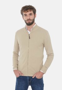 Uomo con capelli ricci di colore marrone e barba, che indossa un maglione beige con zip e jeans blu, in piedi con le mani in tasca su uno sfondo bianco.