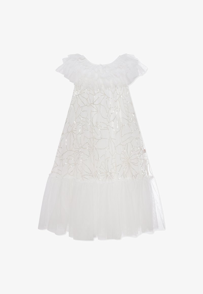 Robe blanche avec un col texturé à volants, broderie florale et ourlet en tulle superposé. Comprend des accents scintillants et une coupe ample.