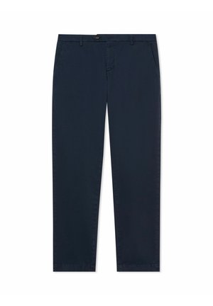 Granatowe spodnie o prostych nogawkach z przednim guzikiem, zamkiem błyskawicznym, bocznymi kieszeniami i szlufkami na pasek, prezentowane na białym tle.