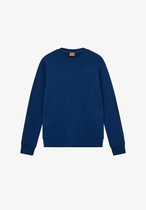 Donkerblauwe sweatshirt van zachte stof. Heeft een ronde hals, lange mouwen en ribgebreide boorden en zoom. Minimalistisch ontwerp zonder patronen.