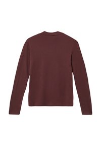 Effen maroon lange mouwen shirt, van de achterkant weergegeven, met een ronde halslijn en zonder zichtbare patronen of logo's.