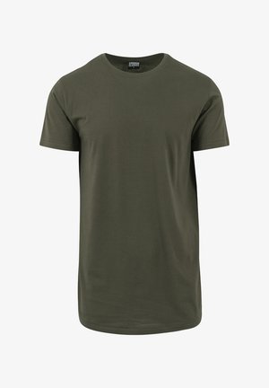 Maslinasto zeleni pamučni T-shirt s okruglim izrezom i kratkim rukavima, s glatkom teksturom i ravnim krojem. Bez uzoraka ili grafike.