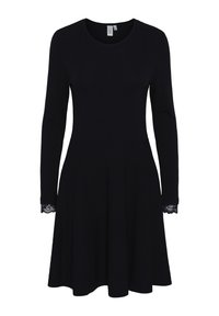 Robe longue noire à manches longues avec un col rond, jupe évasée et détails en dentelle aux poignets, fabriquée dans un tissu lisse et extensible.