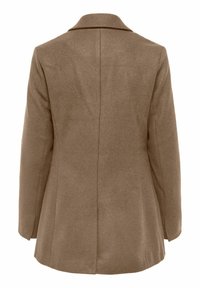 Manteau marron en mélange de laine pour femme, manches longues et col à revers, vu de dos sur fond blanc.