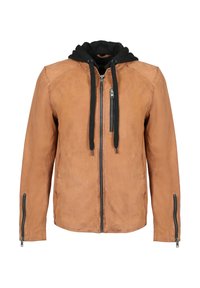 Giacca in pelle marrone chiaro con cerniera frontale, cappuccio nero con coulisse, tasca sul petto con zip e polsini con zip.
