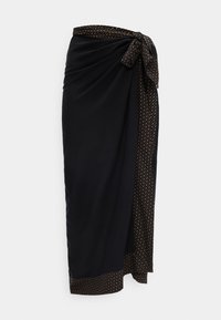 Μαύρη φούστα τύπου wrap με καφέ και μπεζ διακοσμητική τρέσα και φιόγκο στη μέση, μήκος μέχρι τη μέση της γάμπας με επίστρωση στο μπροστινό μέρος.