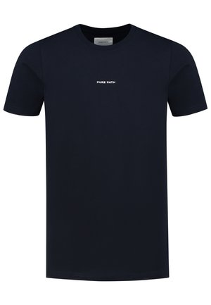 Navy blue cotton t-shirt with short sleeves and round neckline, featuring white text "PURE PATH" on the chest. Smooth texture.