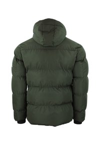 Giacca puffer verde oliva con cappuccio, caratterizzata da sezioni trapuntate, polsini elastici e una consistenza liscia. La vista posteriore mostra un orlo arrotondato.