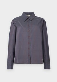 Chemise à manches longues, à boutons, de couleur marine avec de fines rayures verticales brunes. Dotée d'un col classique et d'un tissu lisse, légèrement texturé.