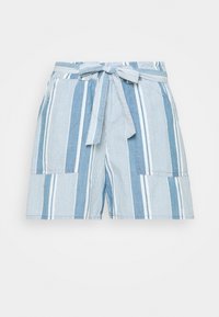 Blau-weiß gestreifte Shorts mit einem Bindegürtel, aus leichtem Stoff gefertigt. Verfügt über Taschen auf der Vorderseite, entworfen für den Freizeitgebrauch.